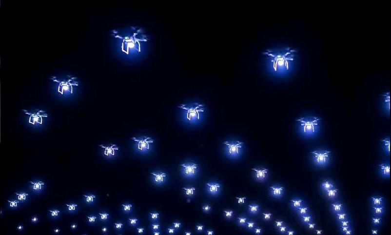 Drone swarm forming a pattern mid-flight